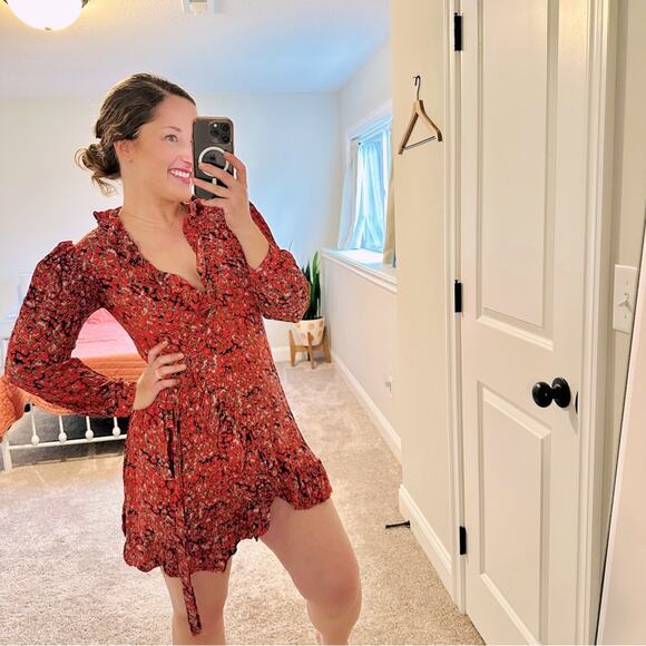 Maje Paris Red Leopard Animal Printed Long Sleeve Wrap Mini Dress Medium 2 - Picture 1 of 14